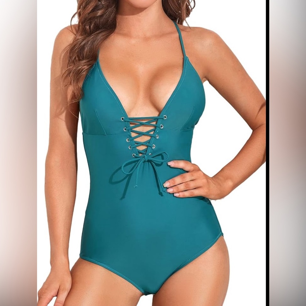 Women’s teal one-piece swim suit with lace up front size xl